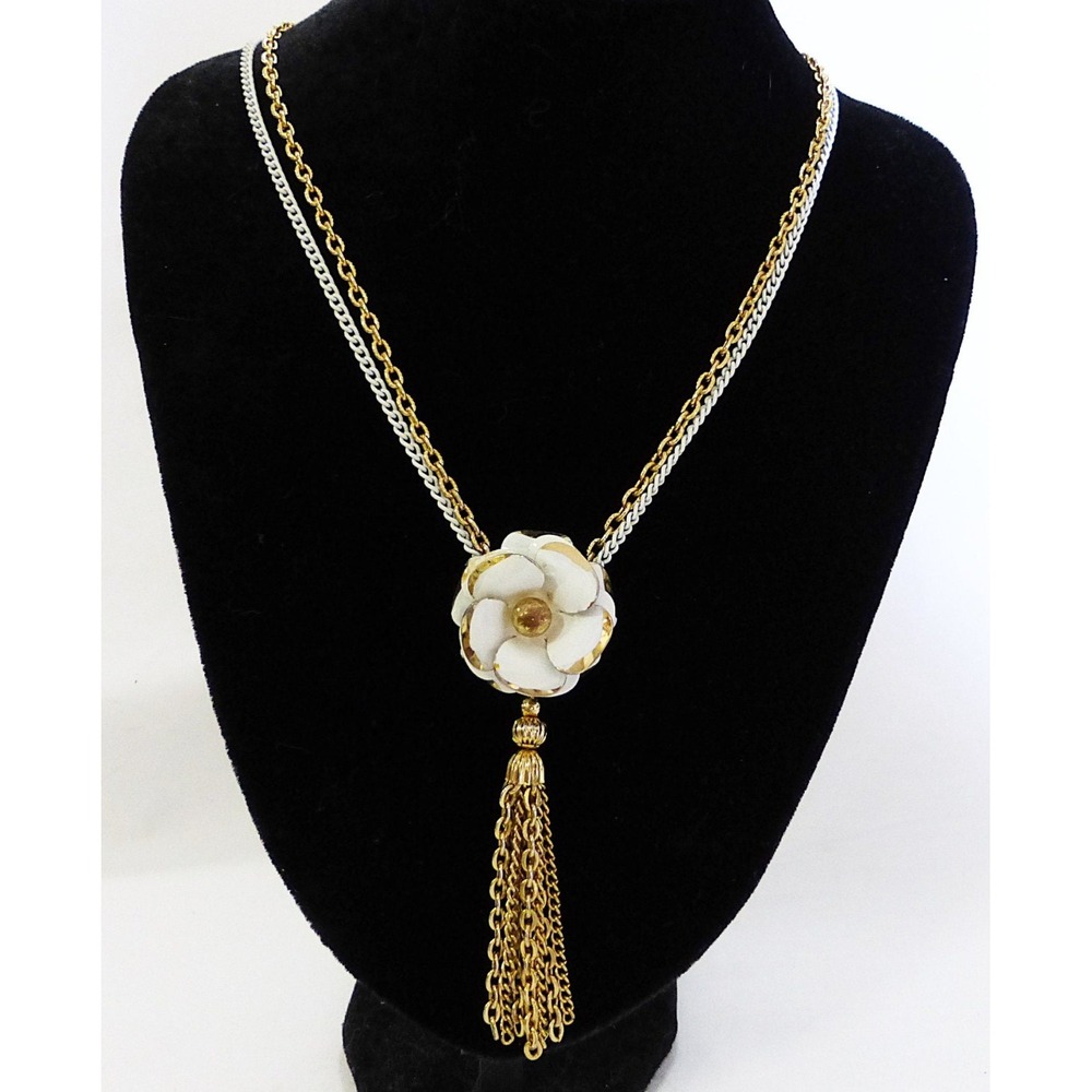Vtg Necklace 1970‎ gold tone double metal chain rose pendant tassel cottagecore